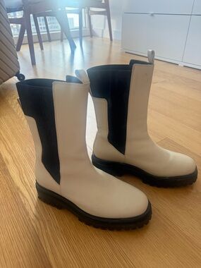 COS Cream and Black Lace-Up Lug Chelsea Boots